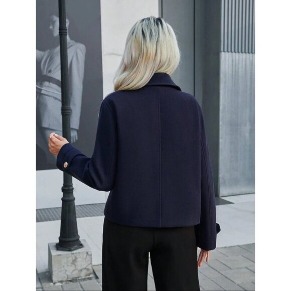 double gold button classic peacoat minimalist preppy pea coat jacket black - Picture 7 of 7